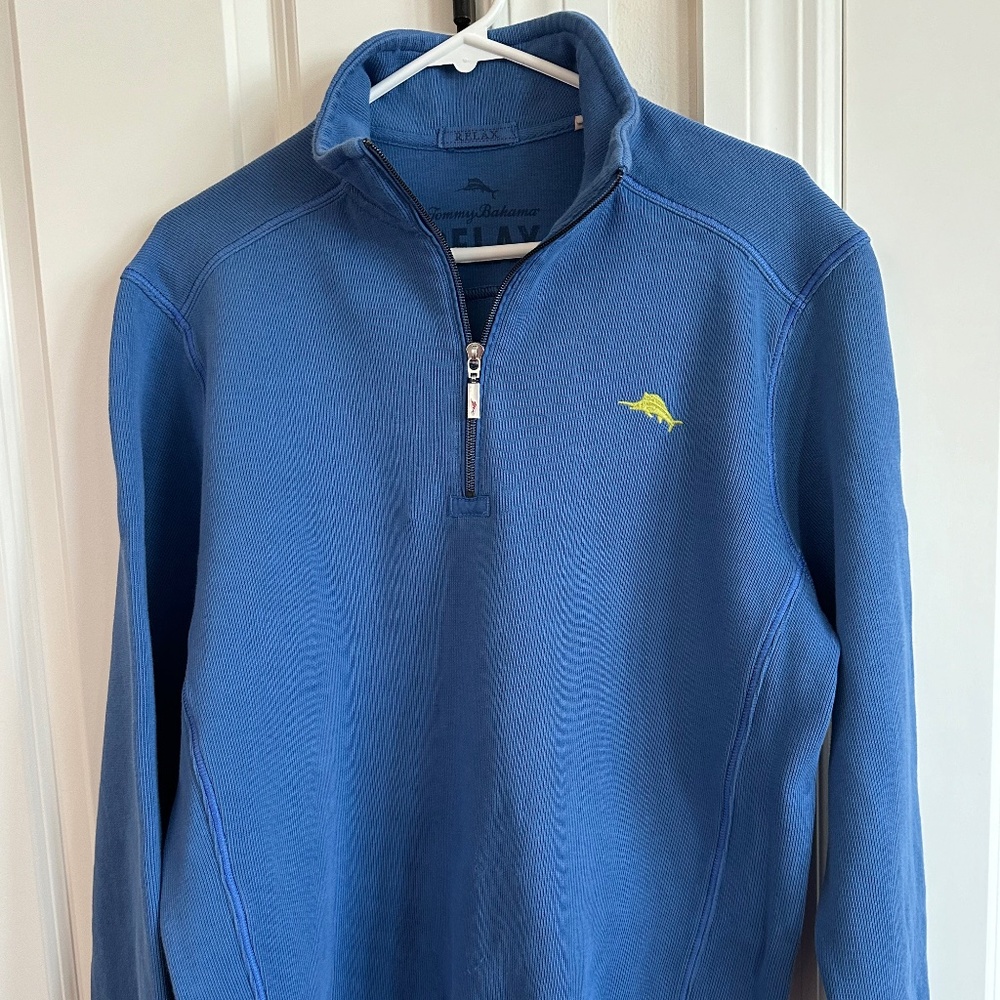 Tommy Bahama men's small, quarter zip, cotton knit pull over, medium blue